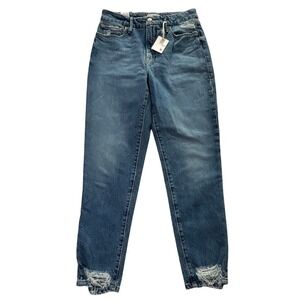 Good American Jeans Women Size 0/25 Blue High Rise Cropped Raw‎ Hem Denim